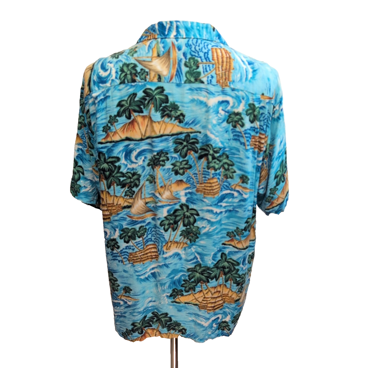 Chemise hawaïenne Ocean Current L bleue verte palmiers 100% rayonne