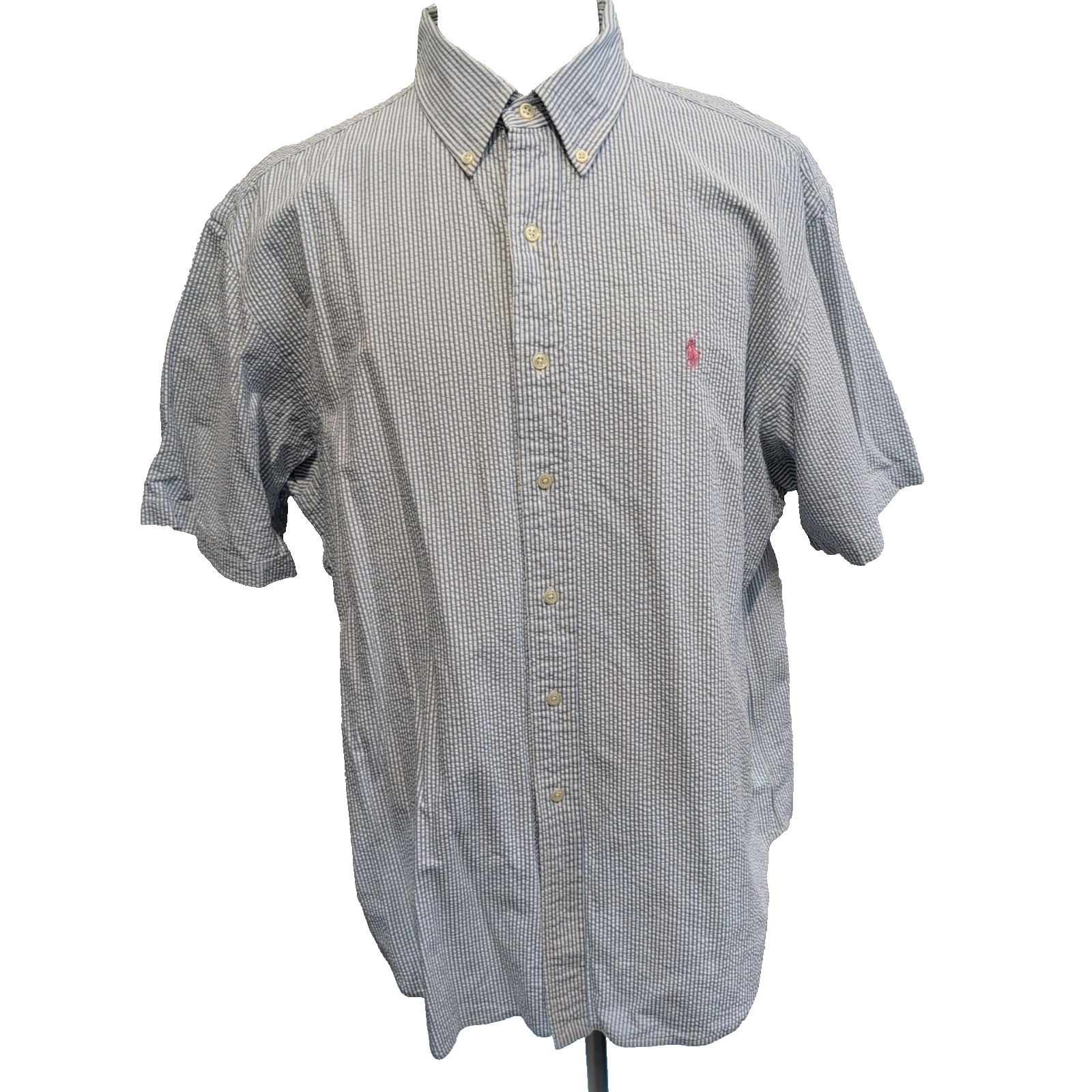 Chemise Ralph Lauren XXL Bleu Rayures Gaufrées Logo Rose Manches Courtes