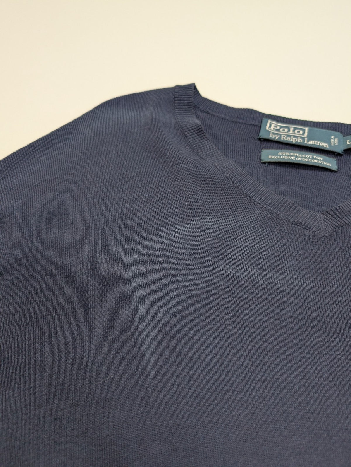 Pull Polo Ralph Lauren L bleu marine col V 100% Pima Cotton logo vert