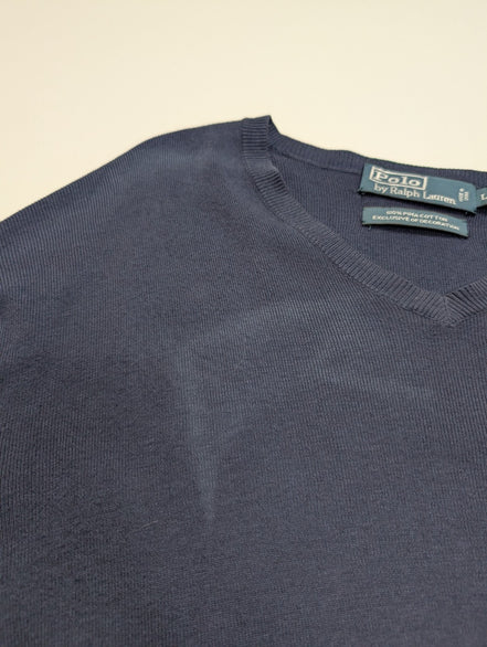 Pull Polo Ralph Lauren L bleu marine col V 100% Pima Cotton logo vert
