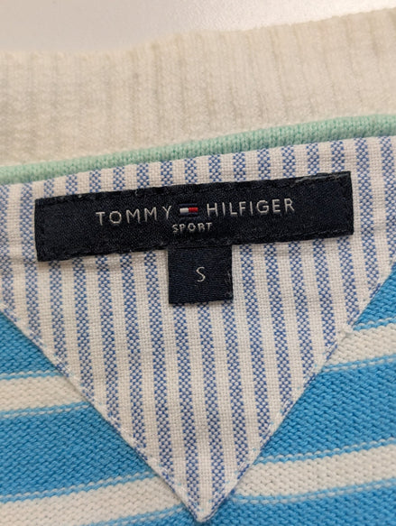 Pull Col V Tommy Hilfiger à rayures Bleu Ciel et Blanc Femme - Taille M