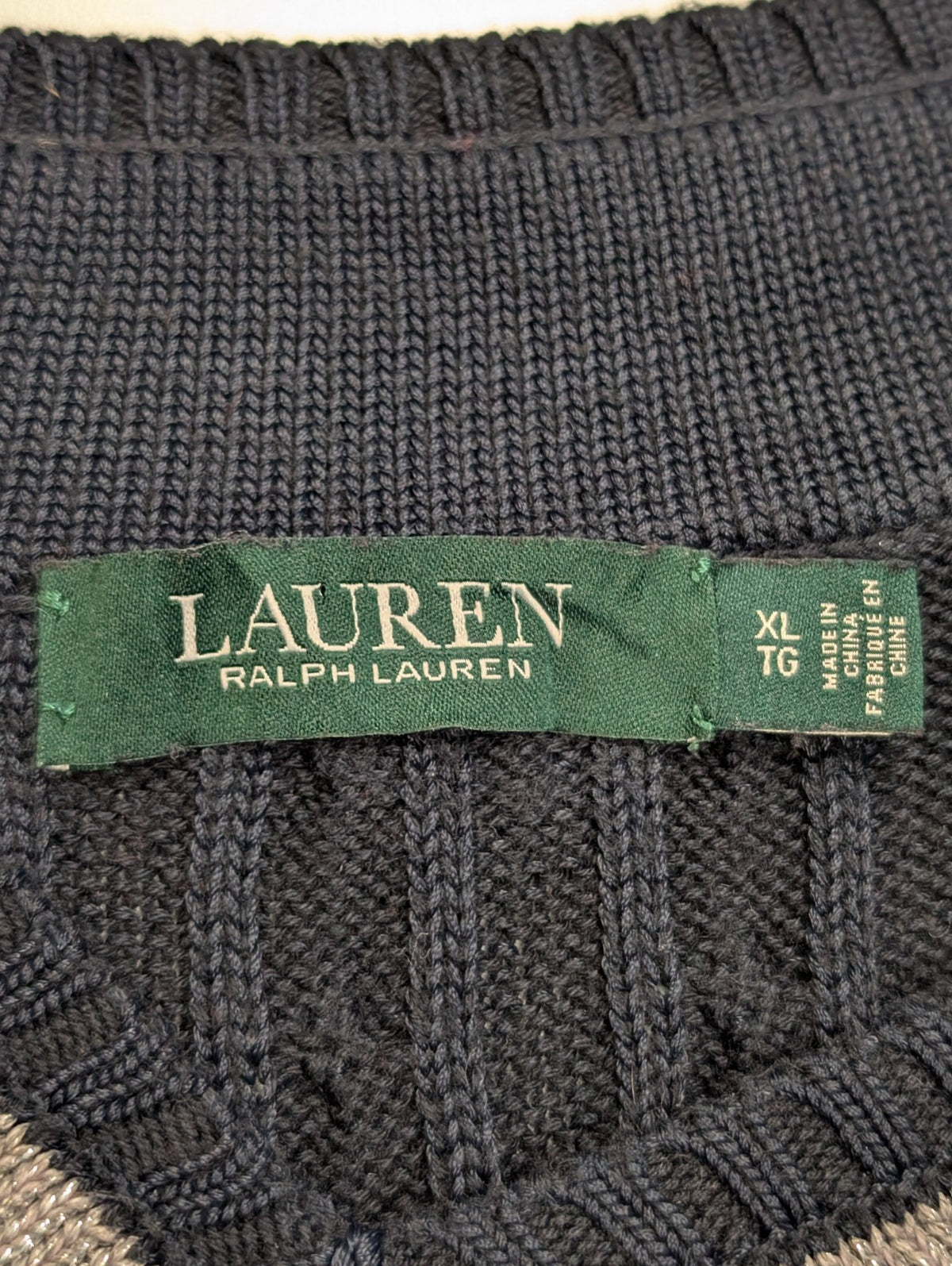 Pull LAUREN Ralph Lauren femme XL bleu marine torsadé col V rayures argentées