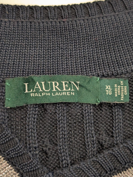 Pull LAUREN Ralph Lauren femme XL bleu marine torsadé col V rayures argentées