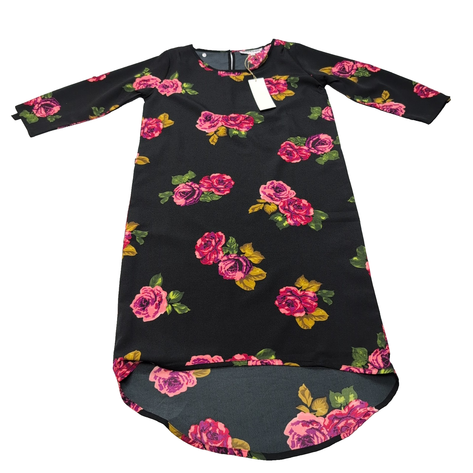 Robe Dancing Leopard T.XS Noire Fleurie Roses Manches 3/4 NEA