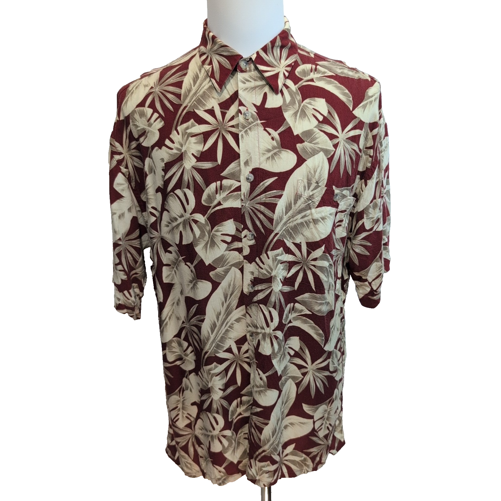 Chemise hawaïenne Pierre Cardin XL bordeaux feuillage 100% rayonne