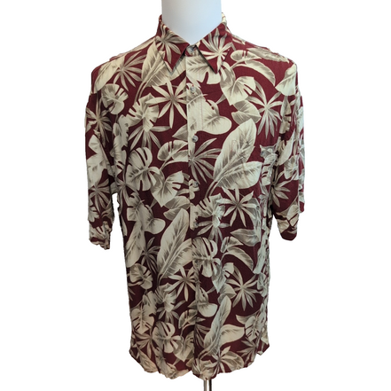 Chemise hawaïenne Pierre Cardin XL bordeaux feuillage 100% rayonne