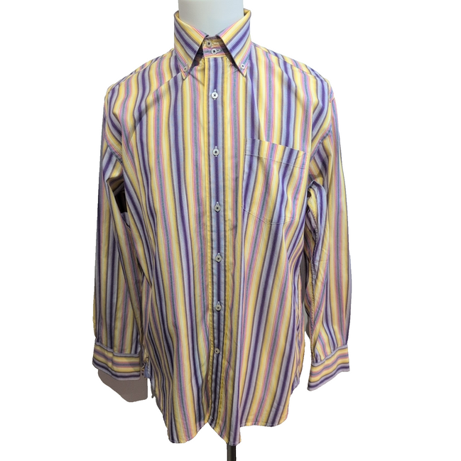 Chemise Tommy Hilfiger Homme Taille M 80s Two Ply Rayée Violet Jaune Coton