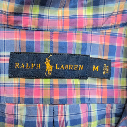 Chemise Ralph Lauren M Rose Bleu Carreaux Shirt Button Down Logo Fluo Coton