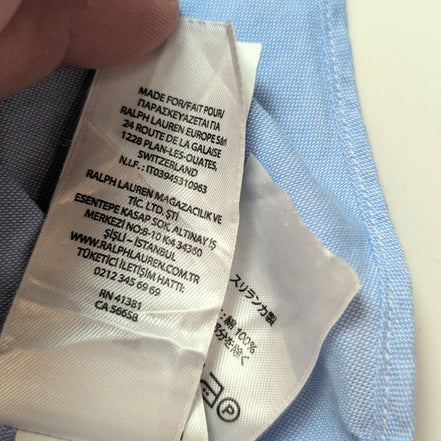 Chemise Ralph Lauren Slim Fit L Chambray Oxford Bleu Logo Marron manches courtes