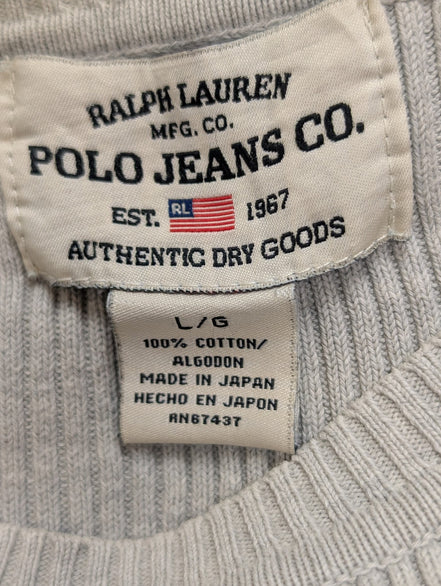 Pull POLO RALPH LAUREN Gris Maille Côtelée Logo Drapeau USA Taille L Coton Luxe