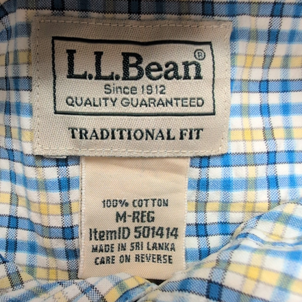 Chemise L.L.Bean M bleu jaune gaufrée manches courtes coton rare
