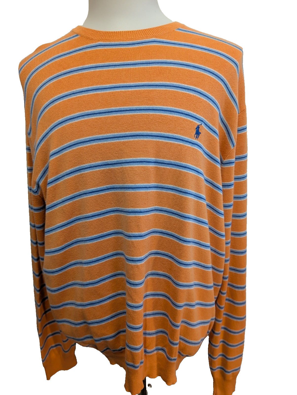 Pull Polo Ralph Lauren Col Rond Rayé Orange & Bleu 100% Coton Pima - Taille XXL