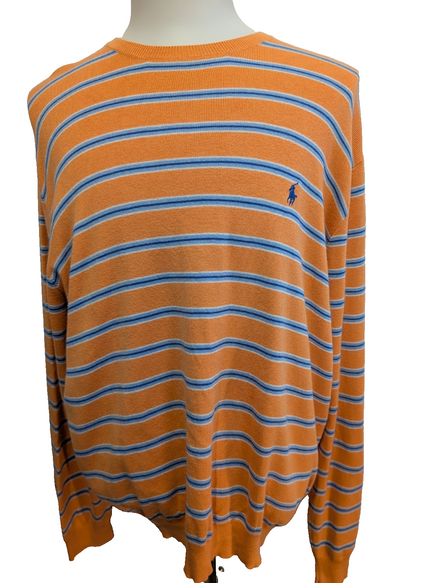 Pull Polo Ralph Lauren Col Rond Rayé Orange & Bleu 100% Coton Pima - Taille XXL