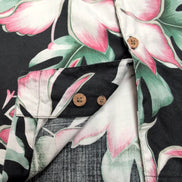 Chemise Hawaïenne Caribbean L 70% Soie Noir Fleurs Fuchsia Boutons Bois