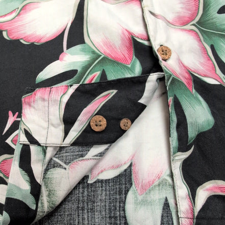 Chemise Hawaïenne Caribbean L 70% Soie Noir Fleurs Fuchsia Boutons Bois