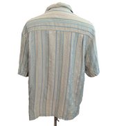 Chemise Hawaïenne Joseph & Feiss Soie Rayures Vert Bleu Boutons Bois L