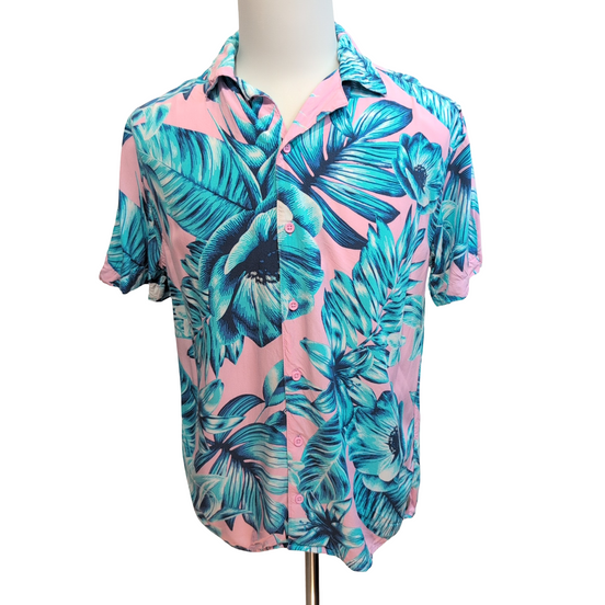 Chemise Hawaïenne Rose Turquoise Feuillage 100% Viscose Taille S/M