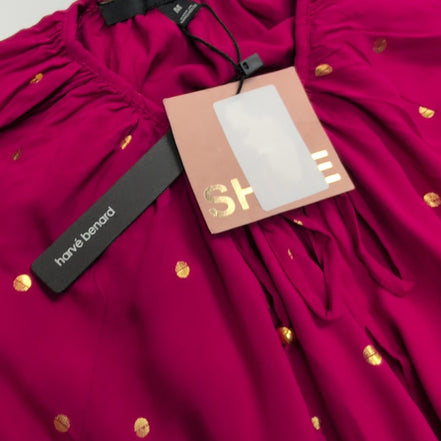 Blouse Harvé Bernard Femme M Fuchsia Pois Dorés Manches 3/4 Neuve