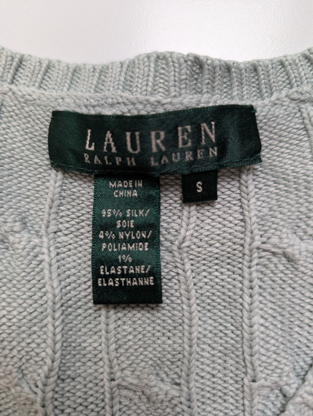 Pull Ralph Lauren femme (Lauren) Vert Pâle Col V 95% Soie Chevrons Taille S