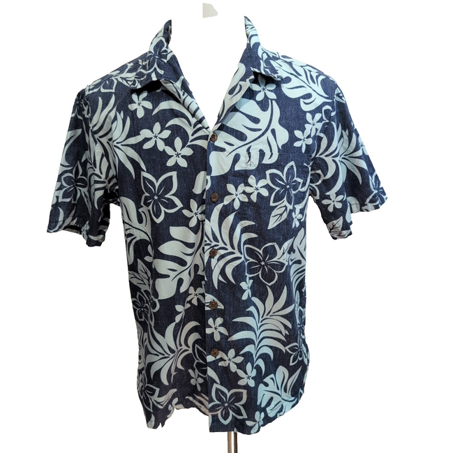 Chemise Hawaïenne Bishop St Apparel M Made in Hawaii 100% Coton Bleu Feuillage