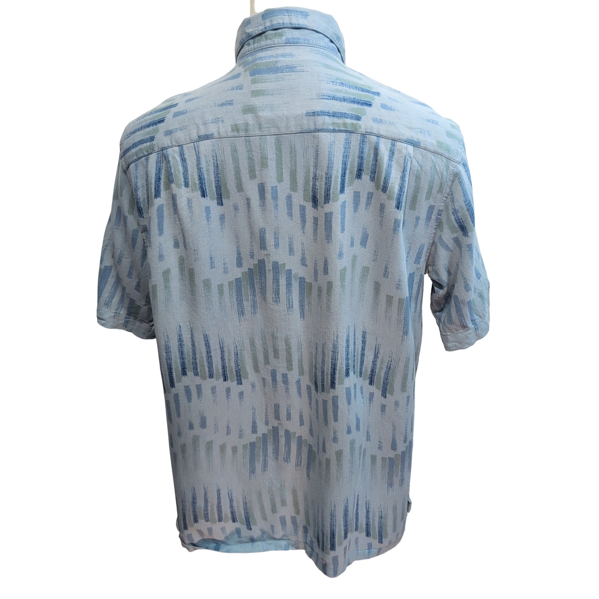 Chemise Hawaïenne Vintage Silk L 100% Soie Bleu Motif Abstrait Poche