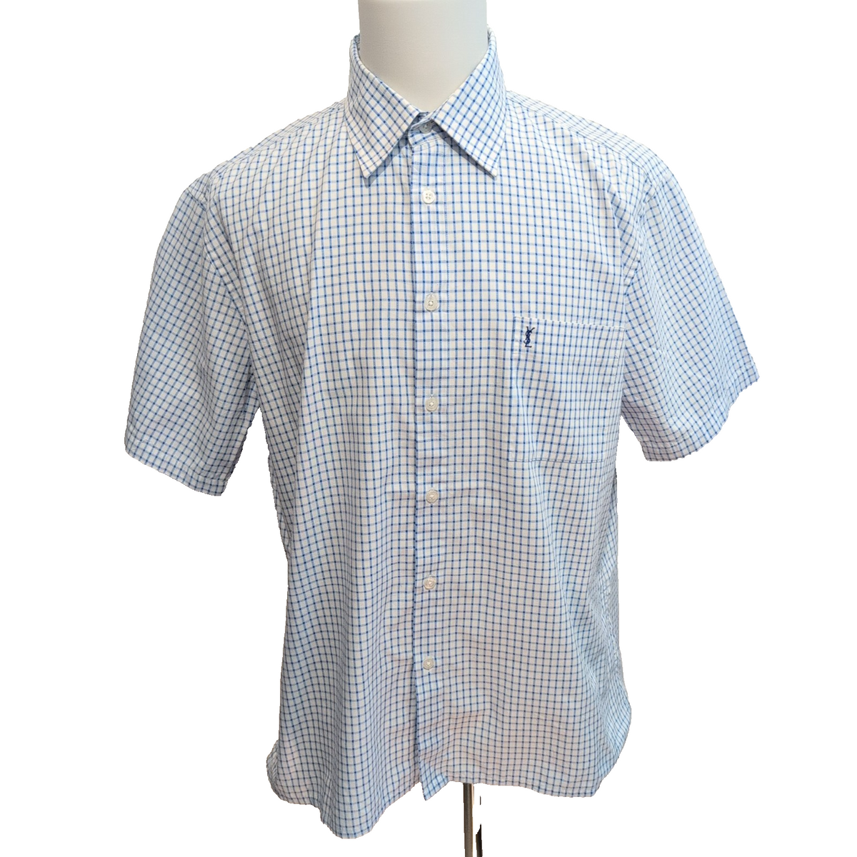 Chemise YVES SAINT LAURENT Bleu Carreaux XL Logo Brodé Manches Courtes