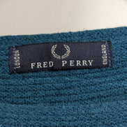 Pull Fred Perry Femme L Bleu Vert 100% Laine Made in Italy Logo Argenté