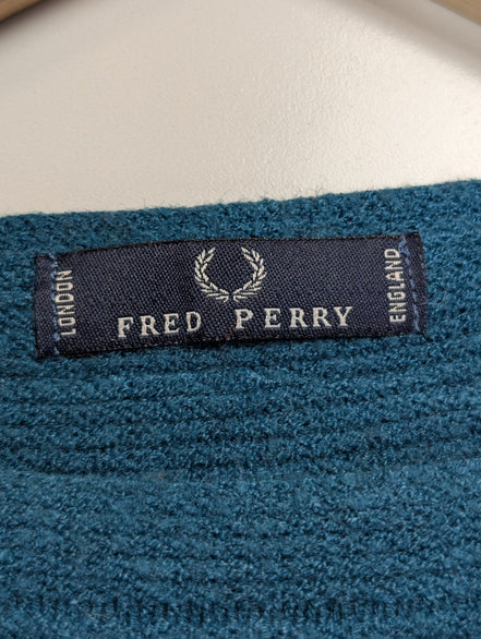 Pull Fred Perry Femme L Bleu Vert 100% Laine Made in Italy Logo Argenté