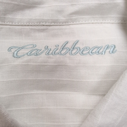 Chemise Caribbean 2XL Blanche Rayures Gaufrées 100% Lin Poche Homme