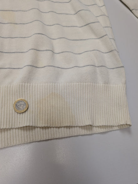 Pull Tommy Hilfiger Homme Blanc Cassé Rayures Grises Col V - Taille M