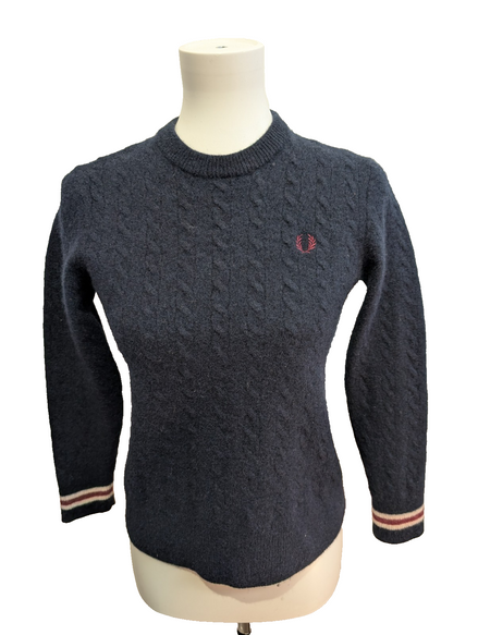 Pull Torsadé Fred Perry 100% Laine Bleu Marine col rond Femme