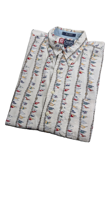 Chemise CHAPS Ralph Lauren manches courtes crème fanions nautiques shirt XL