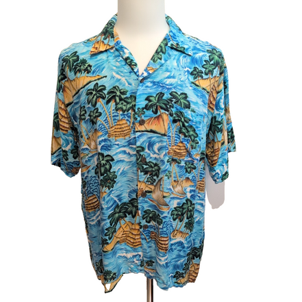 Chemise hawaïenne Ocean Current L bleue verte palmiers 100% rayonne