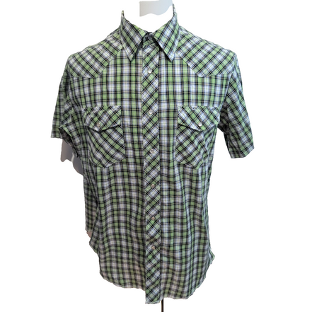 Chemise Wrangler Western L Vert Carreaux Pression Manches Courtes