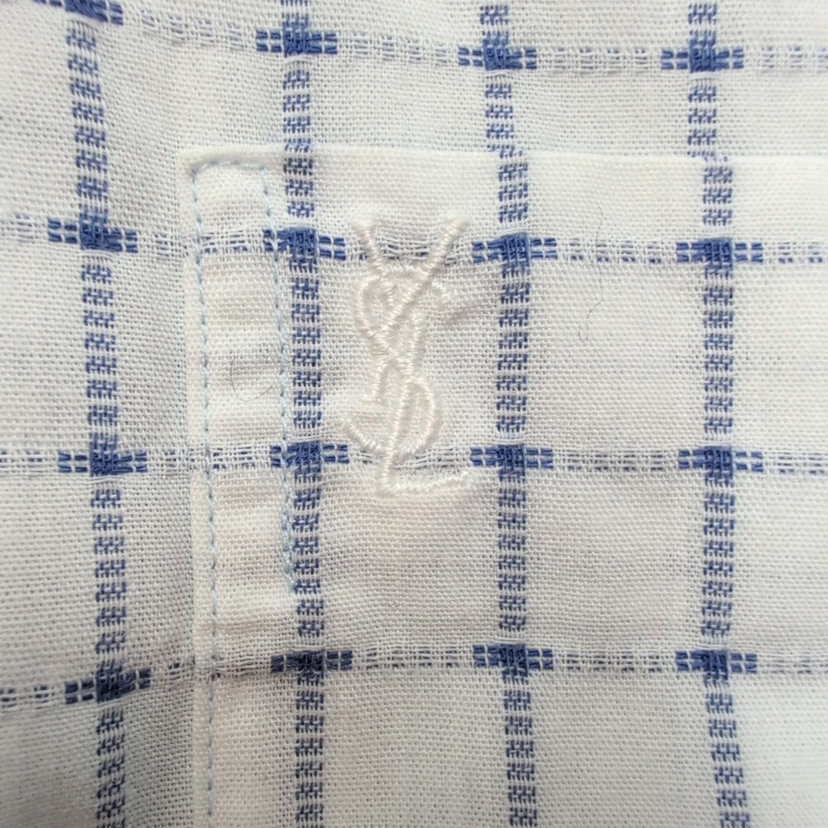 Chemise YVES SAINT LAURENT M Blanche Carreaux Bleus Gaufrés 100% Coton