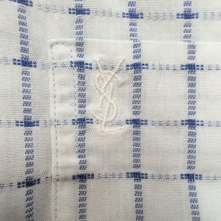 Chemise YVES SAINT LAURENT M Blanche Carreaux Bleus Gaufrés 100% Coton