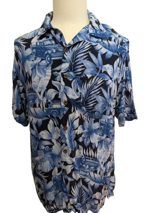Chemise Hawaïenne Panama Jack Bleue Motifs Fleurs et Voitures - Taille L