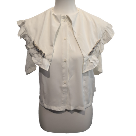 Chemisier Cubic T. M Femme Blanc Volants Strass Manches Courtes Neuf