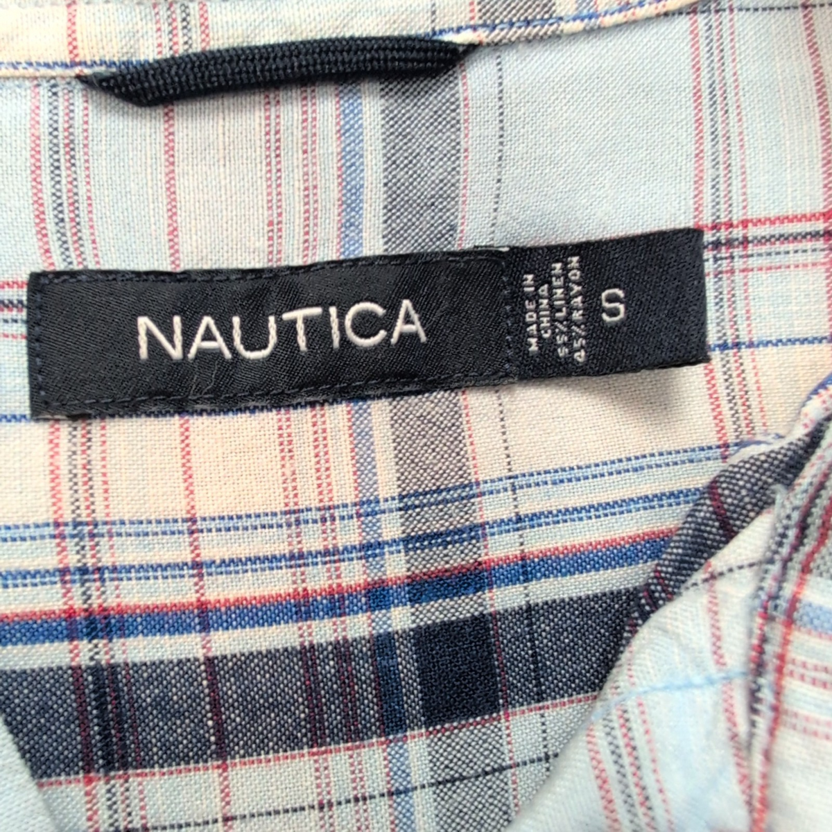 Chemise Nautica Lin Bleu À Carreaux Manche Courte Taille S