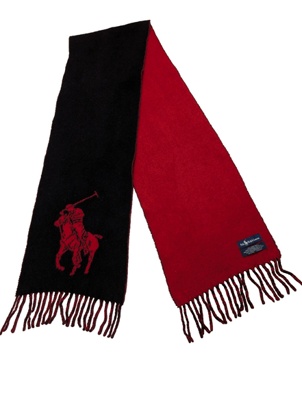 Écharpe Polo Ralph Lauren Réversible Logo Géant Noir Rouge Laine d'Agneau Italy