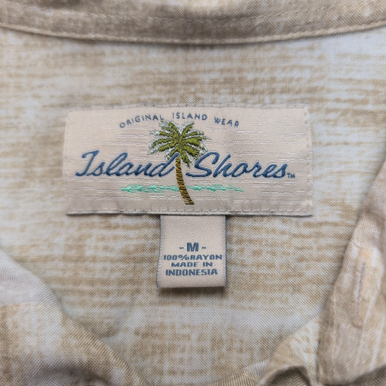 Chemise Hawaïenne Island Shores Taille M Beige Palmiers 100% Rayonne