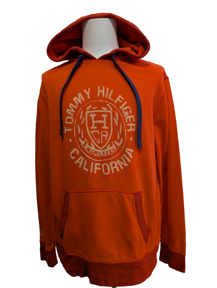 Sweat à Capuche TOMMY HILFIGER Homme XL Orange Vintage Fit Logo Brodé Rare