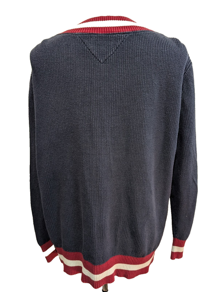 Pull Tommy Hilfiger Vintage Bleu Marine Col V Maille Côtelée - Taille XL
