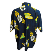 Chemise hawaïenne XXL bleu nuit fleurie voilier manches courtes vintage