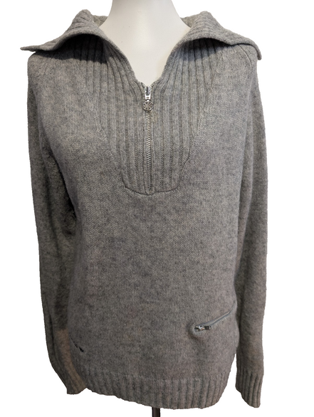 Pull ADIDAS Vintage Col Zippé 80% Laine Gris Logo Brodé Femme Taille L