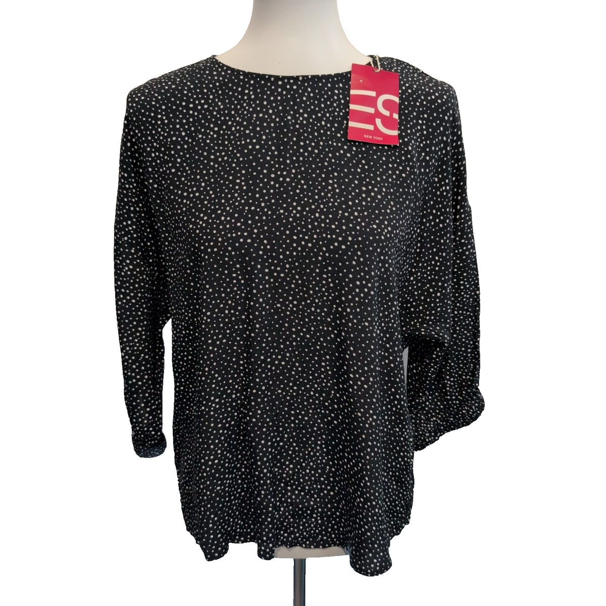 Haut Esprit Femme M Noir Pois Blancs Manches 3/4 Viscose Neuf Étiquette