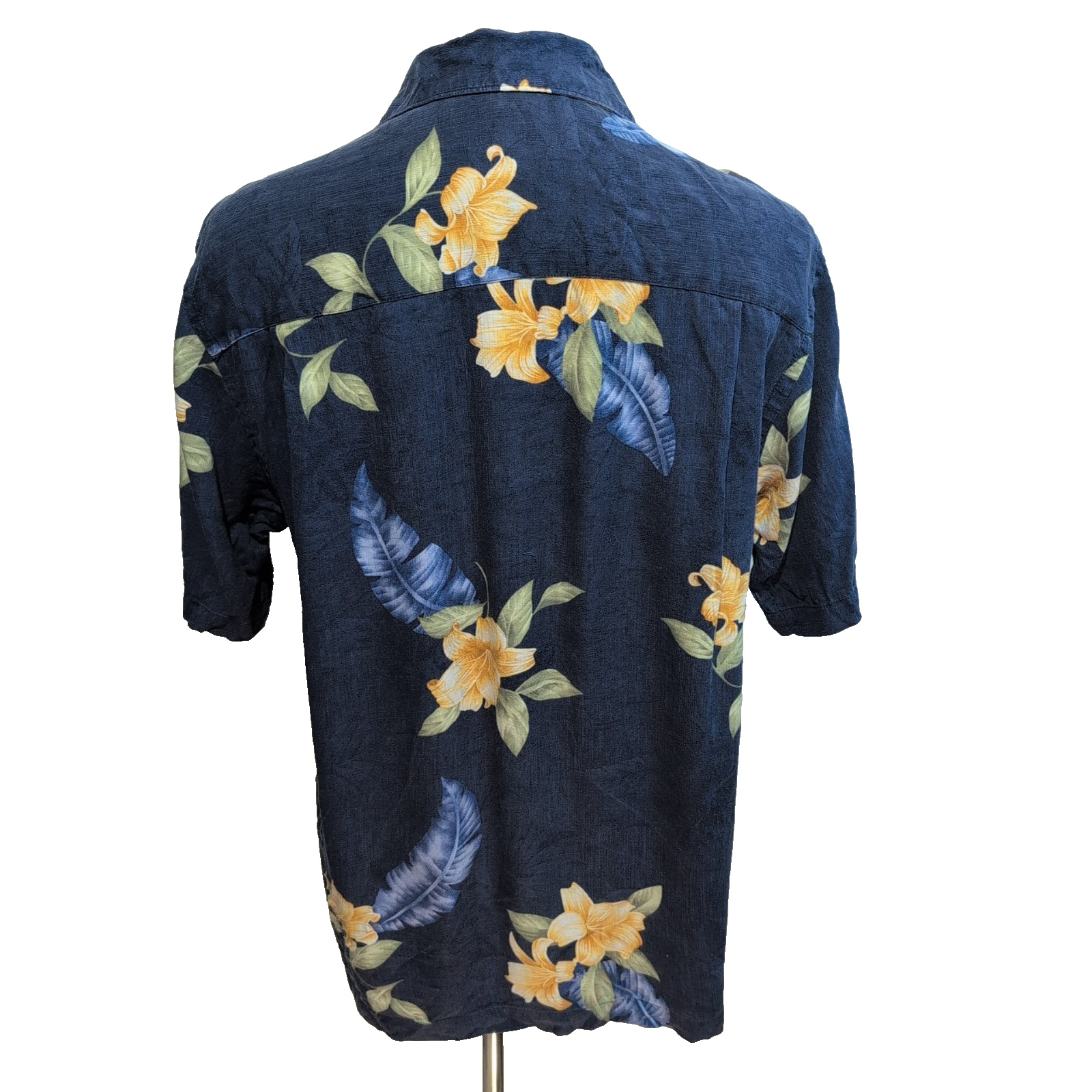 Chemise hawaïenne Tommy Bahama M bleu marine fleurie 100% soie manches courtes