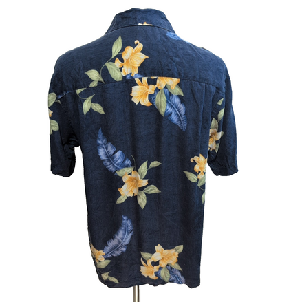 Chemise hawaïenne Tommy Bahama M bleu marine fleurie 100% soie manches courtes