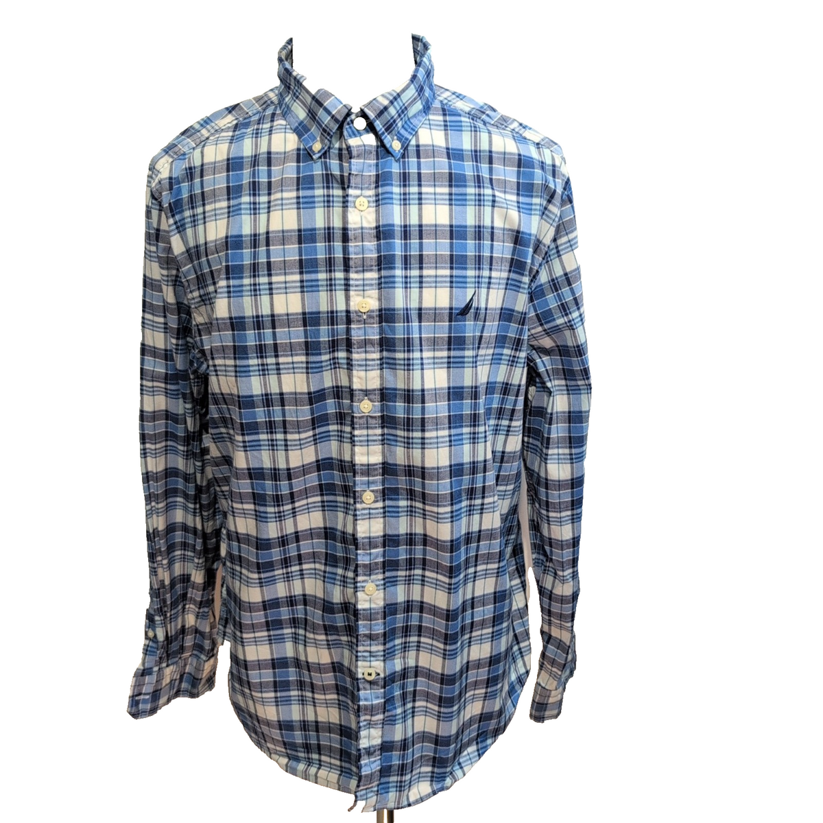 Chemise Nautica XL Bleu Blanc Carreaux Stretch Classic Fit manches longues