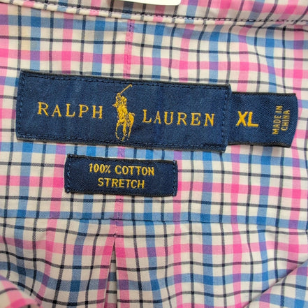 Chemise Ralph Lauren XL Coton Stretch Carreaux Bleu Rose Logo Bleu
